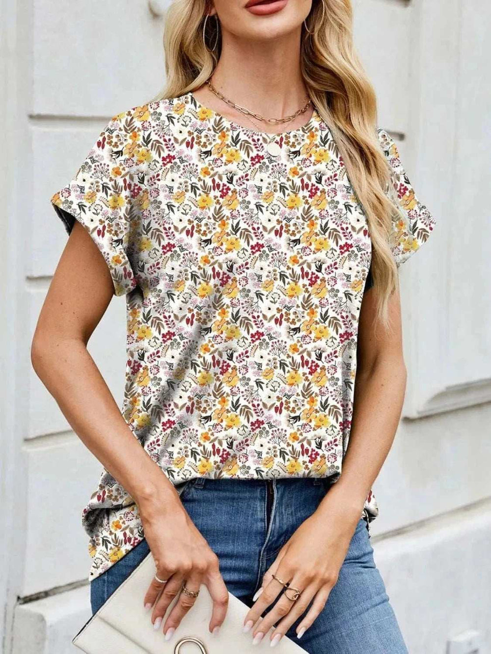 Printed Round Neck Short Sleeve Top - Trendsi - Flyclothing LLC