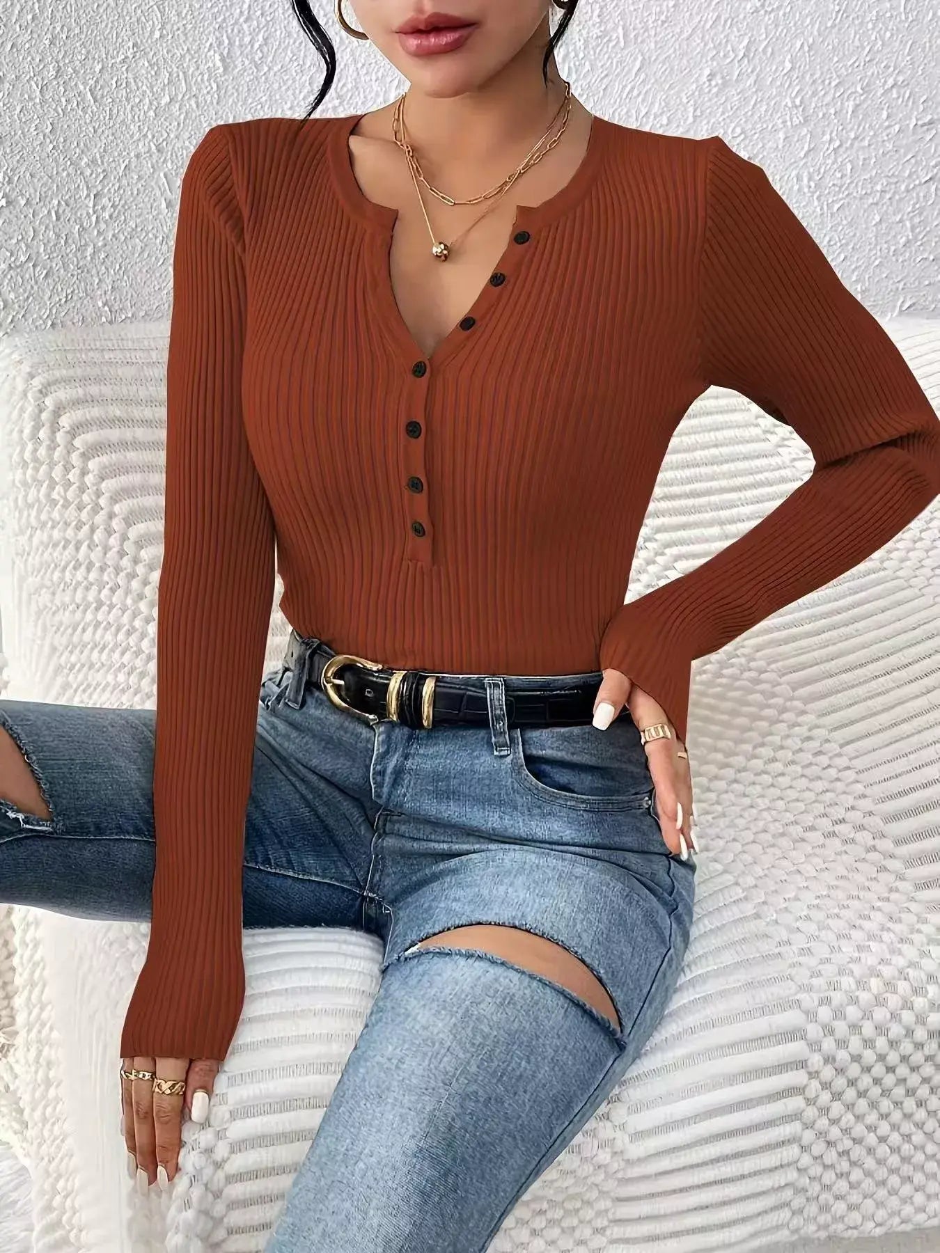 Ribbed Knit Button Front Knit Top - Trendsi - Flyclothing LLC