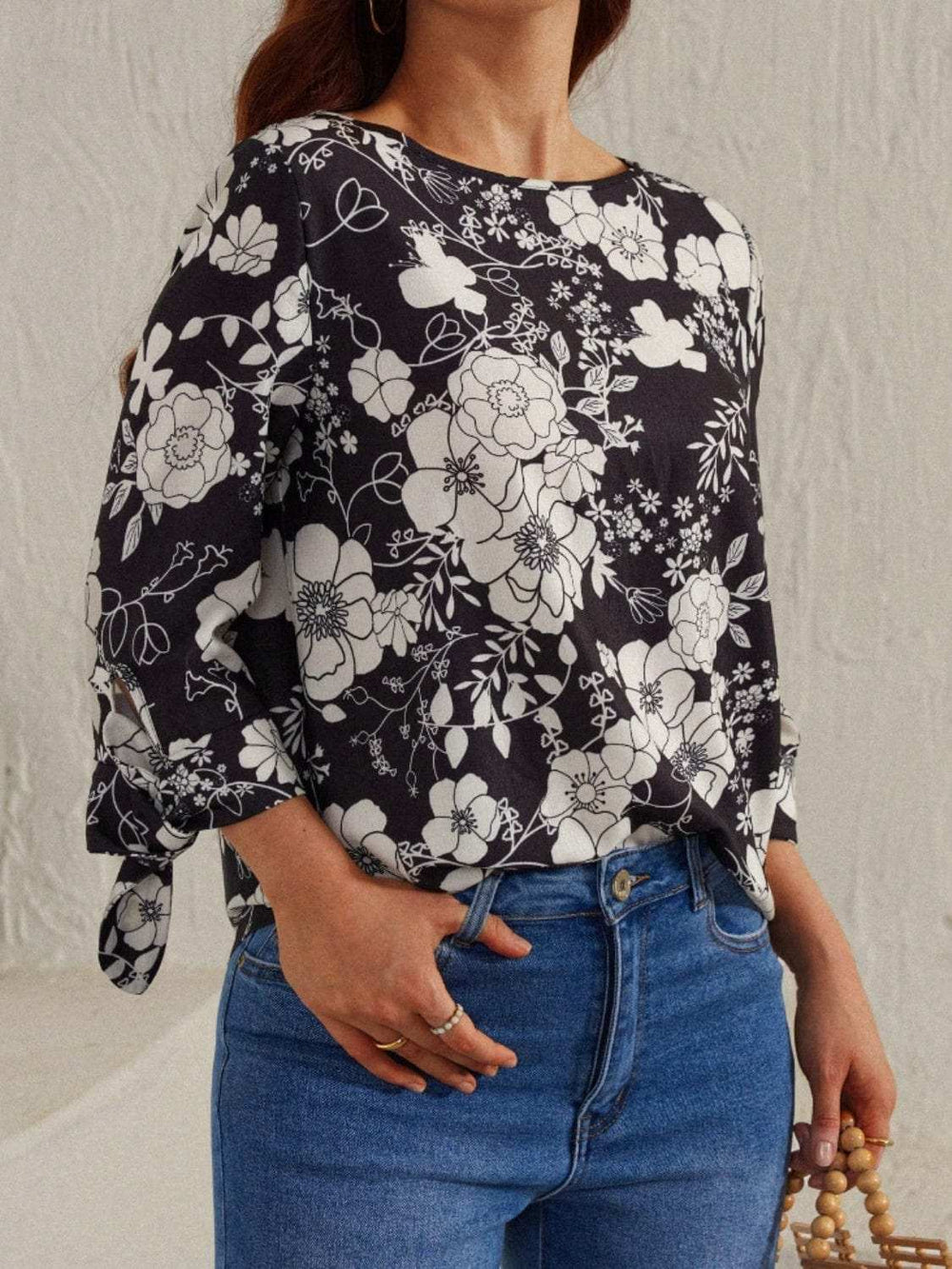 Printed Round Neck Three-Quarter Sleeve Blouse - Trendsi - Flyclothing LLC