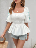 Perfee Embroidered Smocked Square Neck Half Sleeve Blouse - Trendsi