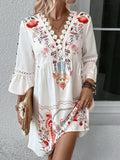 Lace Detail Printed Three-Quarter Sleeve Dress - Trendsi - Flyclothing LLC