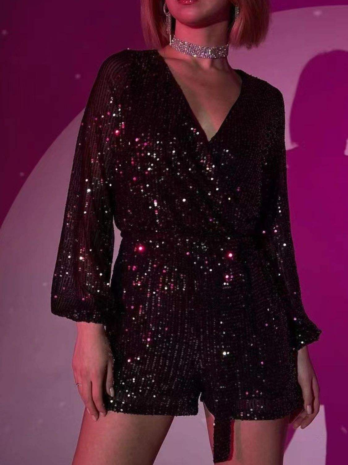 Full Size Sequin Surplice Tie Waist Long Sleeve Romper - Trendsi - Flyclothing LLC