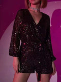 Full Size Sequin Surplice Tie Waist Long Sleeve Romper - Trendsi - Flyclothing LLC