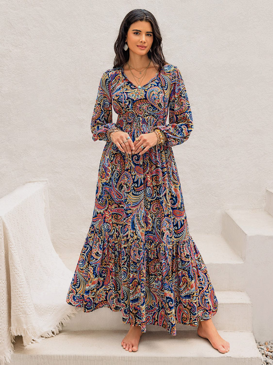 Printed Tie Neck Long Sleeve Midi Dress - Trendsi