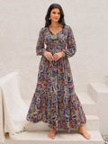 Printed Tie Neck Long Sleeve Midi Dress - Trendsi - Flyclothing LLC