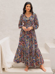 Printed Tie Neck Long Sleeve Midi Dress - Trendsi