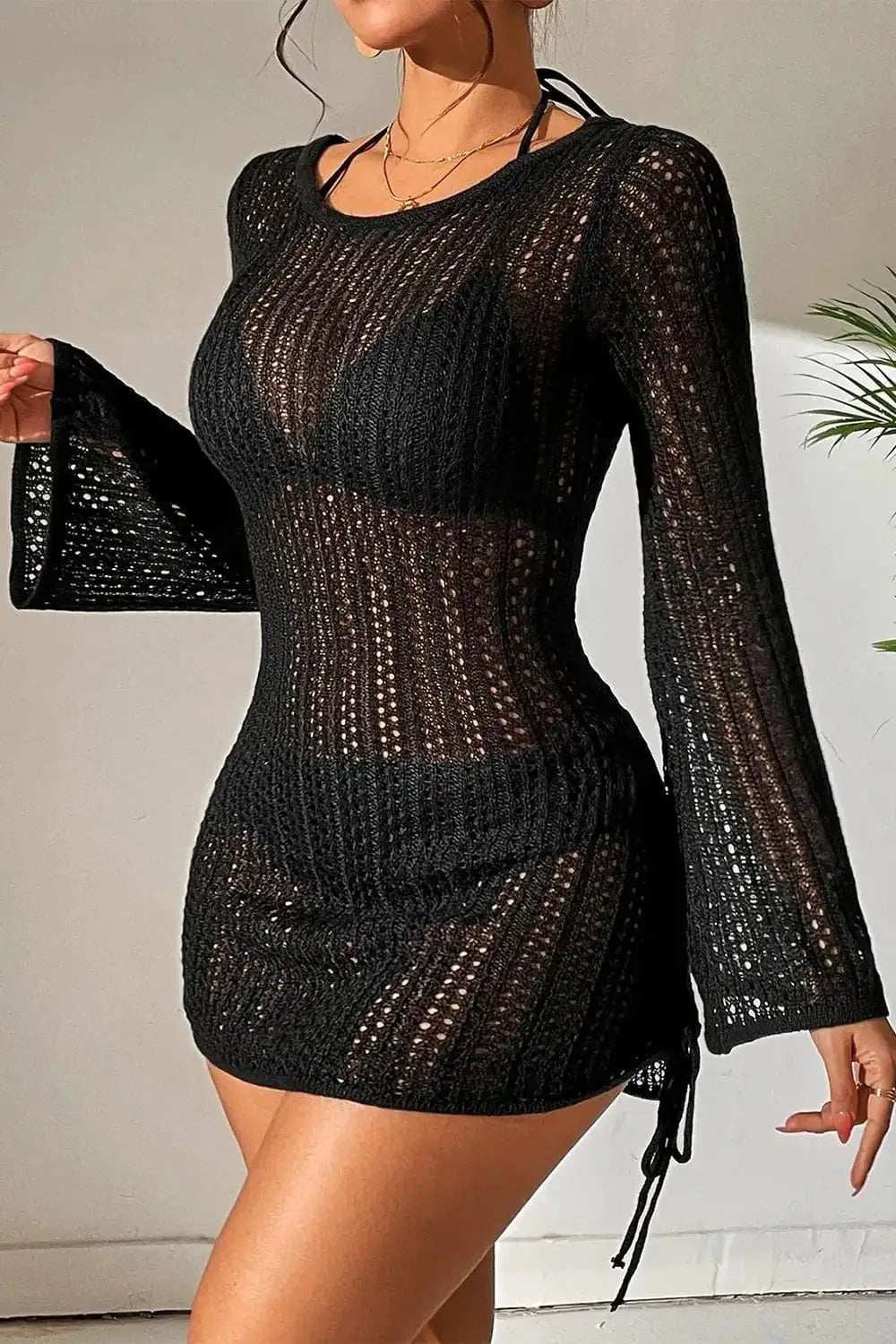 Hollow Out Bell Sleeve Drawstring Knit Cover Up Dress - Trendsi - Flyclothing LLC