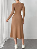 Square Neck Long Sleeve Midi Wrap Dress - Trendsi