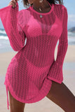 Hollow Out Bell Sleeve Drawstring Knit Cover Up Dress - Trendsi - Flyclothing LLC