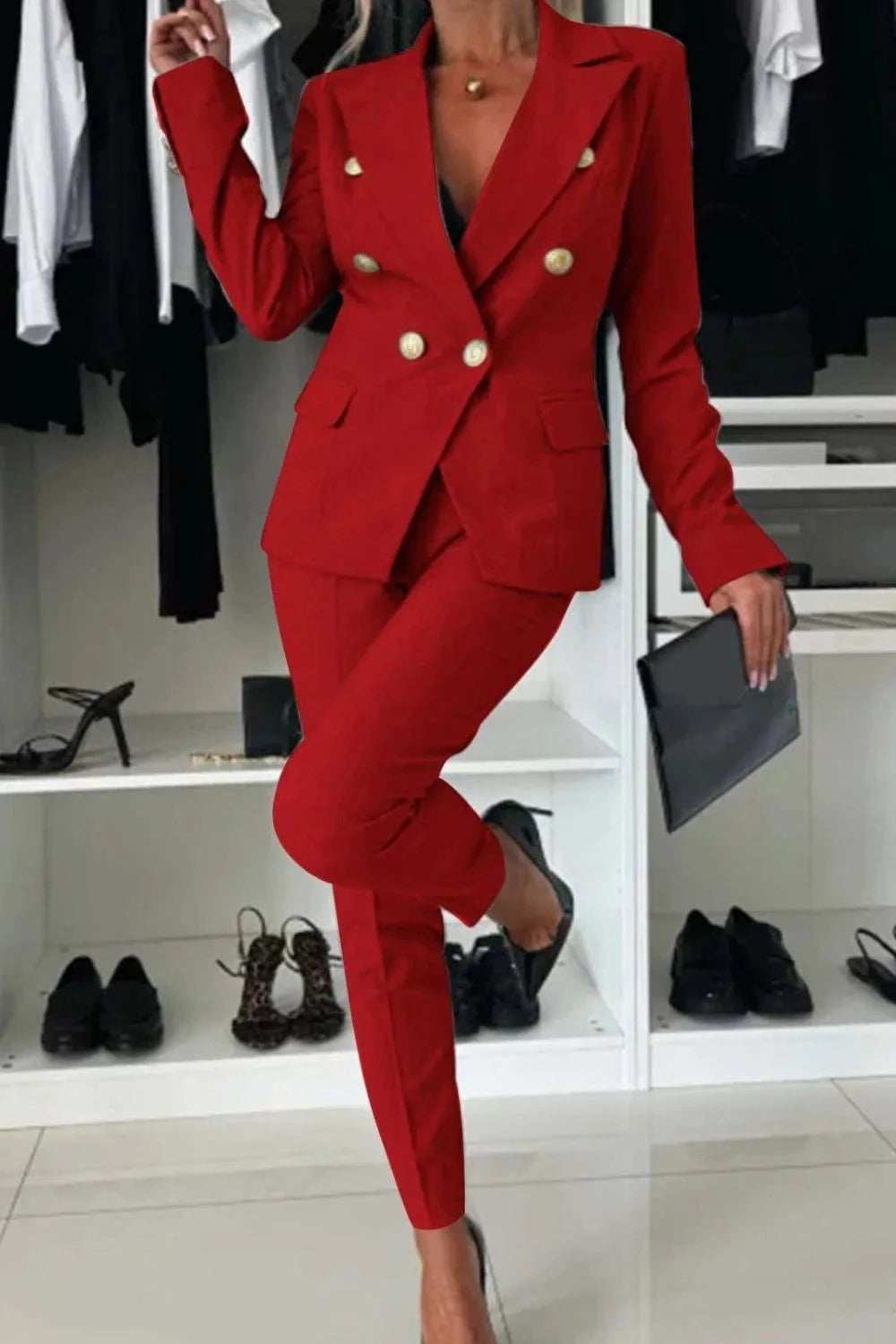 Full Size Lapel Collar Long Sleeve Blazer and Pants Set Plus Size - Trendsi - Flyclothing LLC