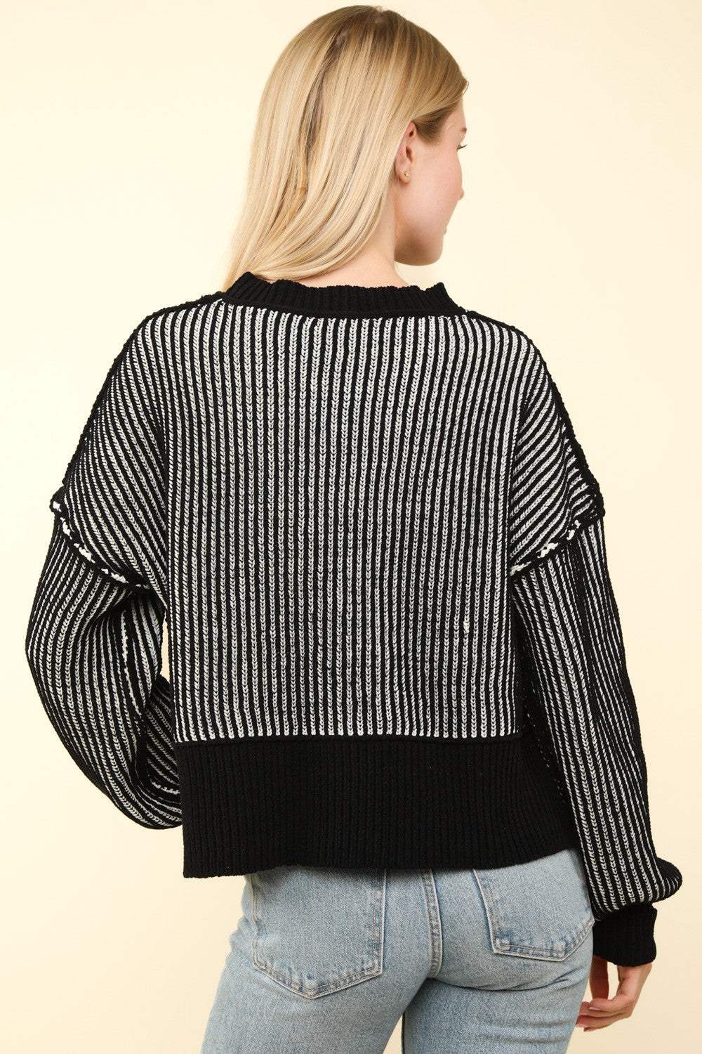 VERY J Exposed Seam Cropped Striped Slit Sweater - Trendsi - Flyclothing LLC