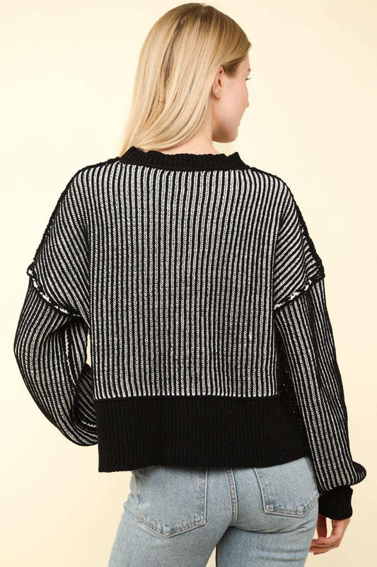 VERY J Exposed Seam Cropped Striped Slit Sweater - Trendsi - Flyclothing LLC