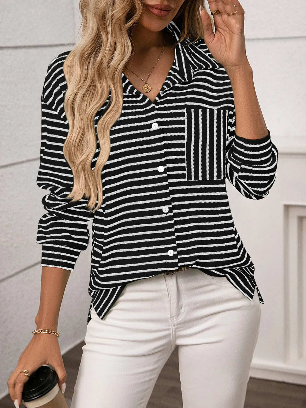 Striped Button Up Long Sleeve Shirt - Trendsi - Flyclothing LLC