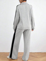 Contrast Collared Neck Long Sleeve Top and Pants Set - Trendsi - Flyclothing LLC
