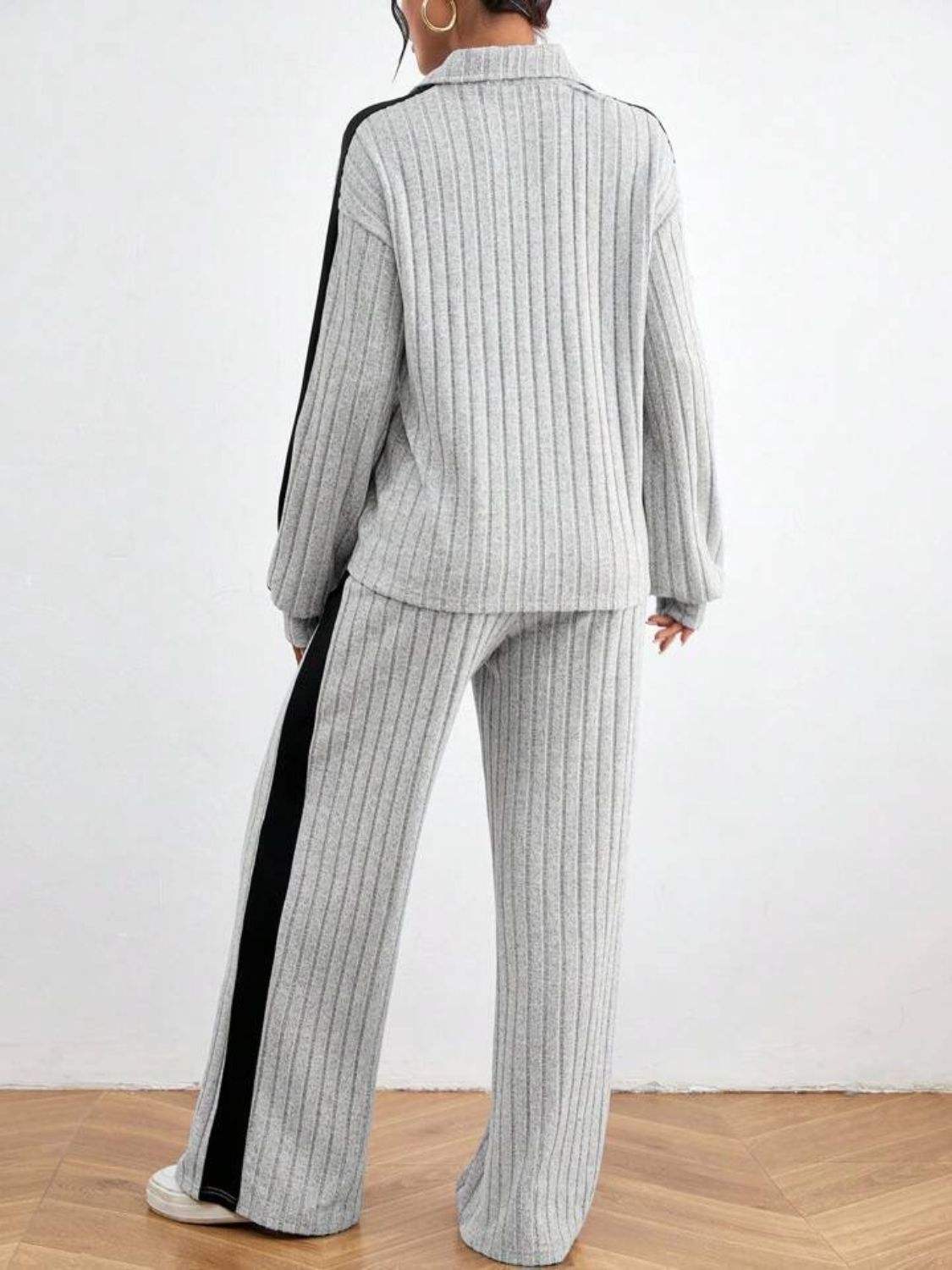 Contrast Collared Neck Long Sleeve Top and Pants Set - Trendsi - Flyclothing LLC