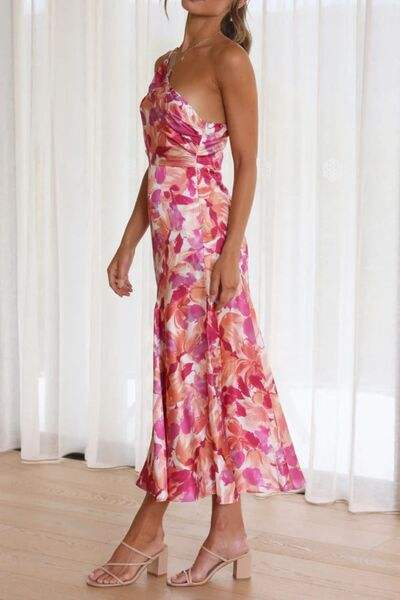 Ruched Printed Single Shoulder Midi Dress - Trendsi - Flyclothing LLC