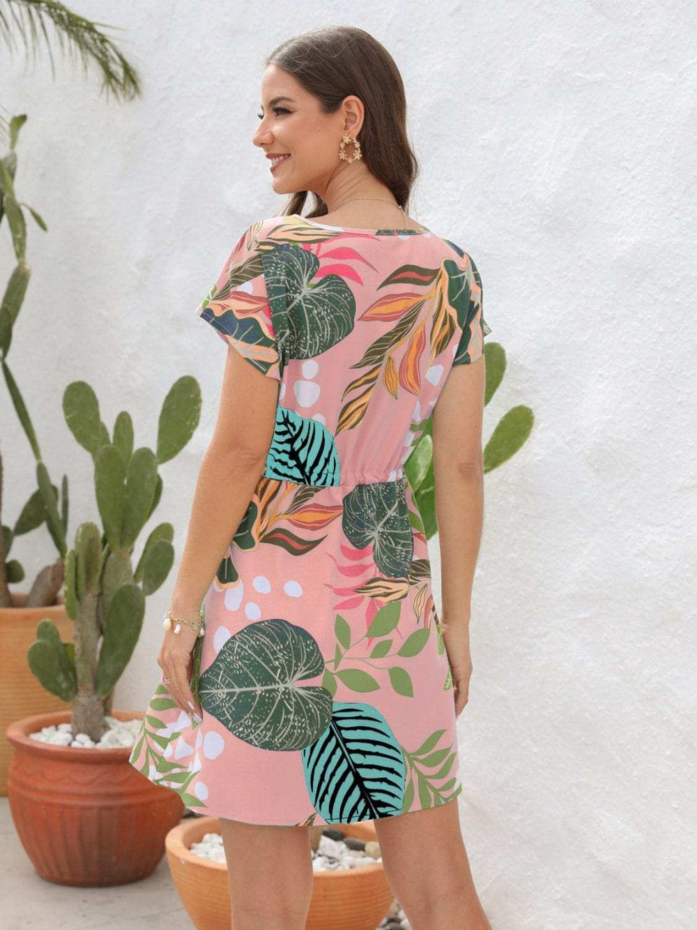 Drawstring Printed V-Neck Mini Dress - Trendsi - Flyclothing LLC