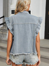 Raw Hem Cap Sleeve Denim Jacket - Trendsi - Flyclothing LLC