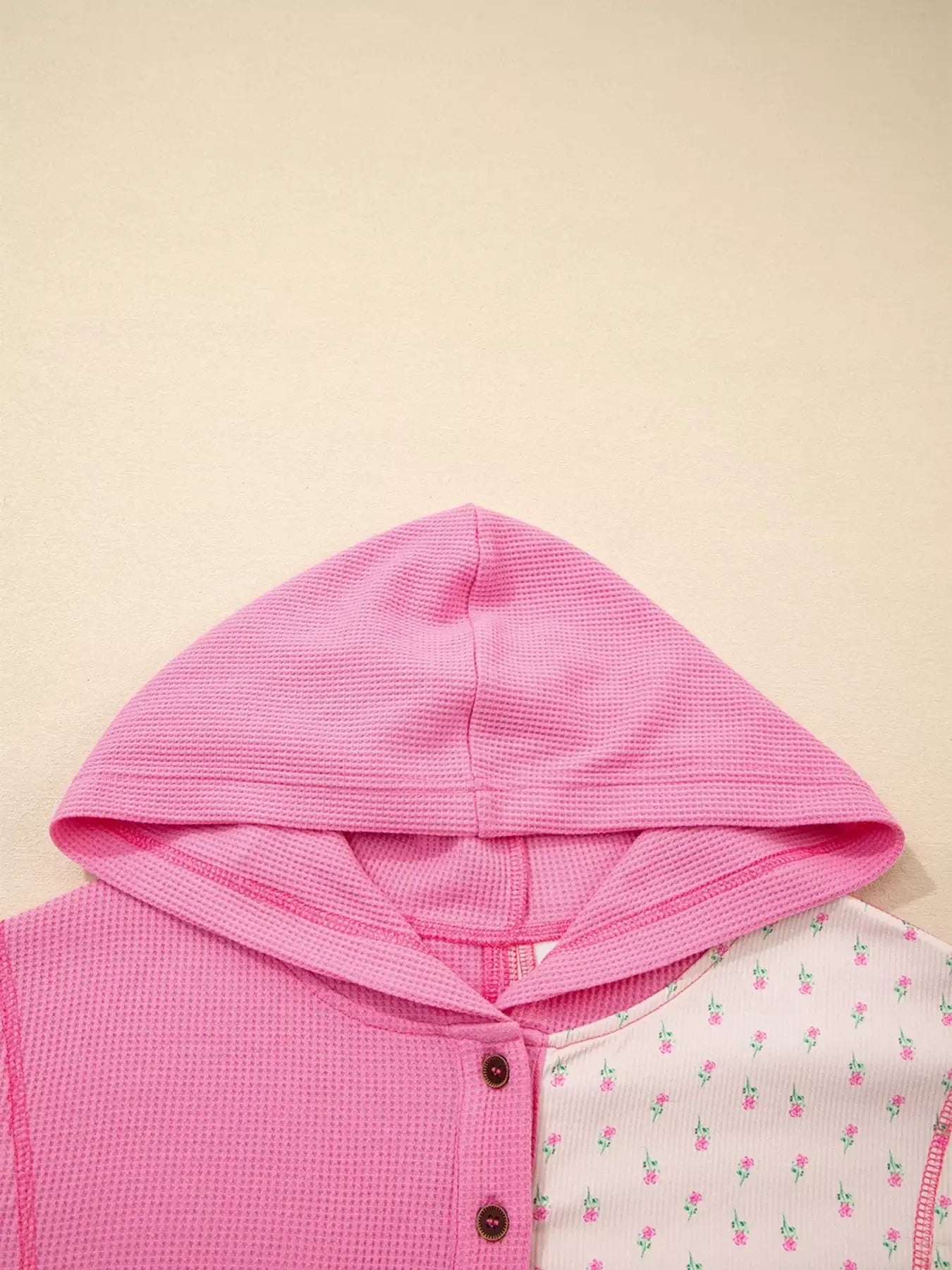Mixed Texture Waffle Floral Patchwork Hooded Oversize Pullover - Trendsi - Flyclothing LLC