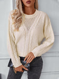 Openwork Cable-Knit Round Neck Long Sleeve Sweater - Trendsi