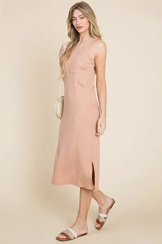 BOMBOM Ribbed Knit Sleeveless Midi Dress - Trendsi - Flyclothing LLC