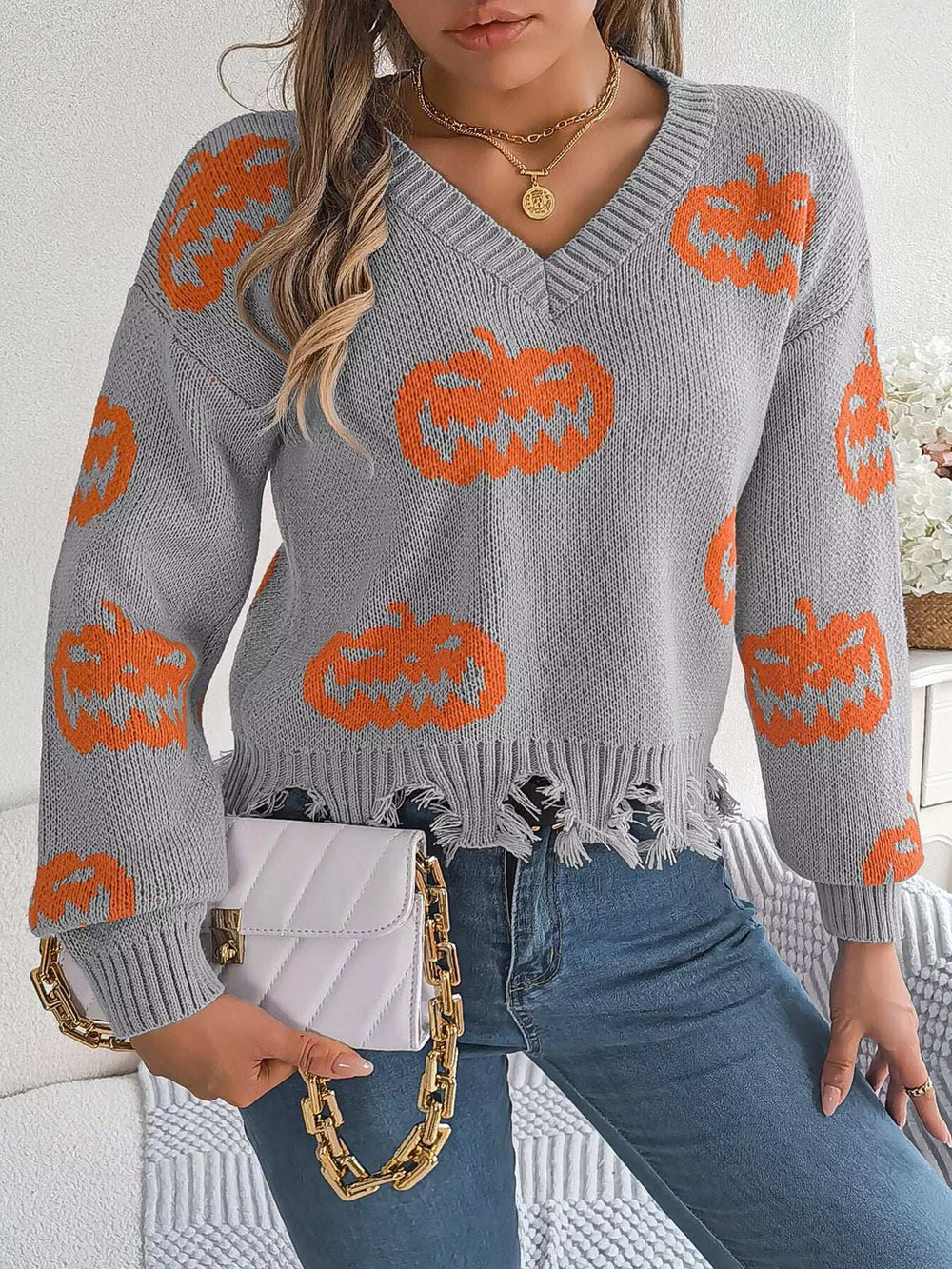 Halloween Pumpkin Pattern Raw Hem V-Neck Sweater - Trendsi - Flyclothing LLC
