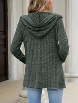 Ribbed Knit Hooded Button-Down Cardigan - Trendsi - Flyclothing LLC