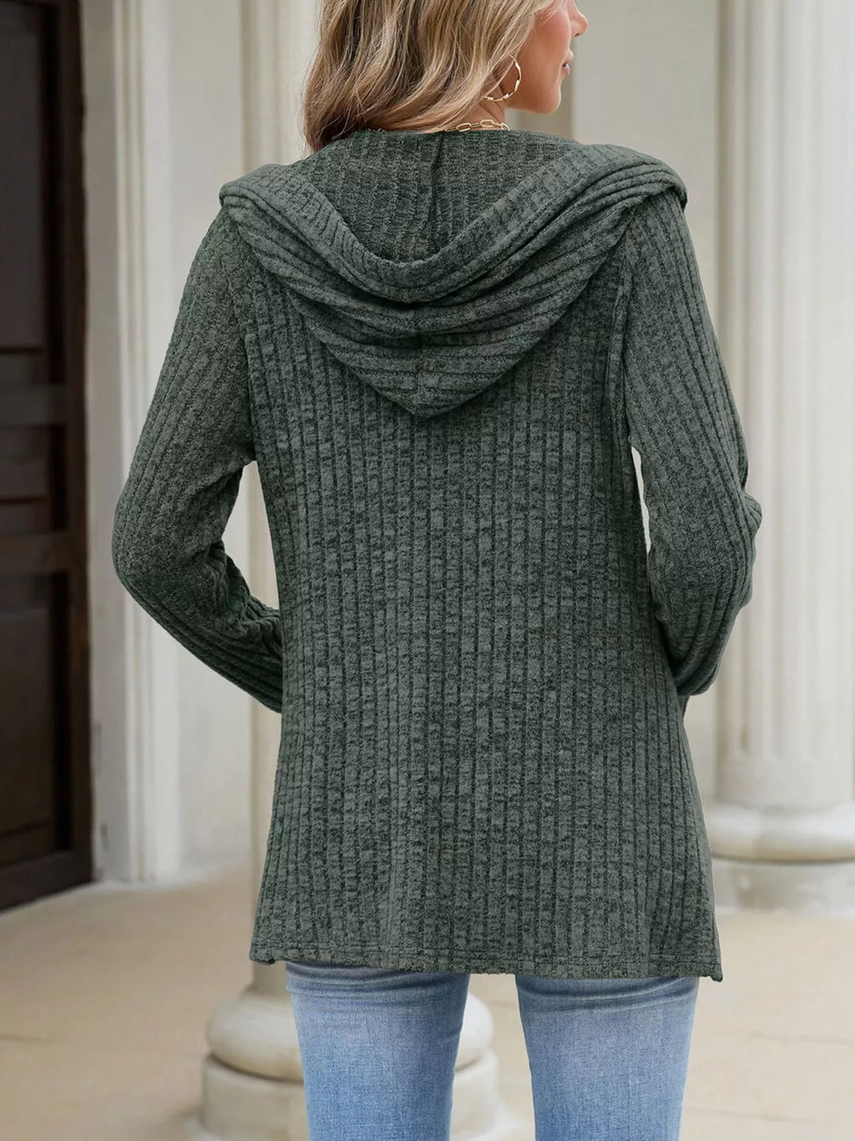 Ribbed Knit Hooded Button-Down Cardigan - Trendsi - Flyclothing LLC