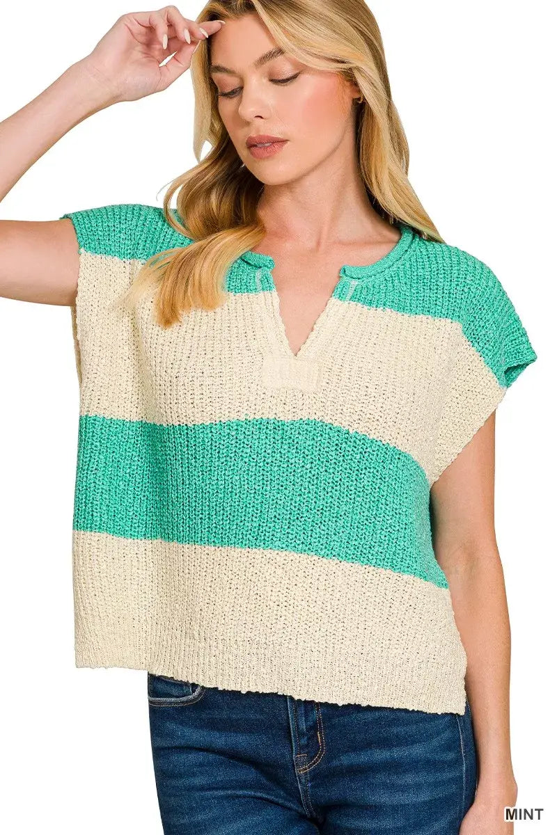 Zenana Split Neck Sleeveless Stripe Sweater - Trendsi - Flyclothing LLC