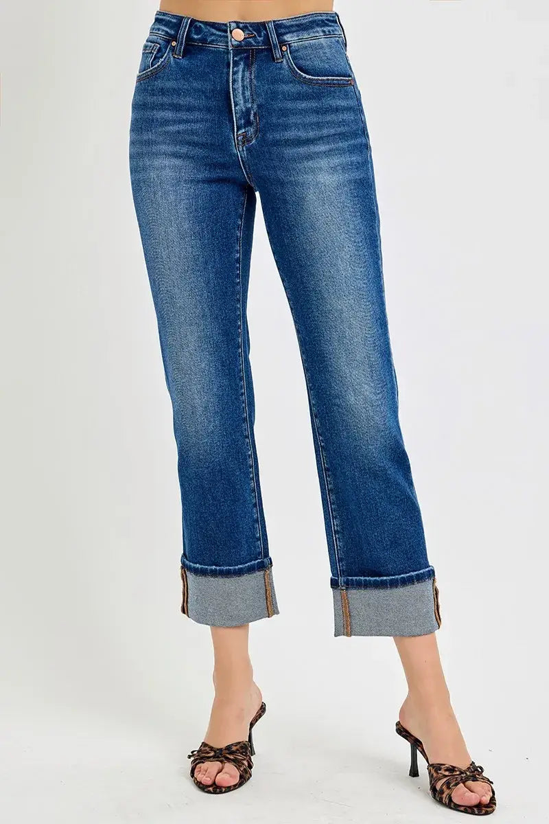 RISEN Full Size High Rise Ankle Straight Cuffed Jeans Plus Size - Trendsi - Flyclothing LLC