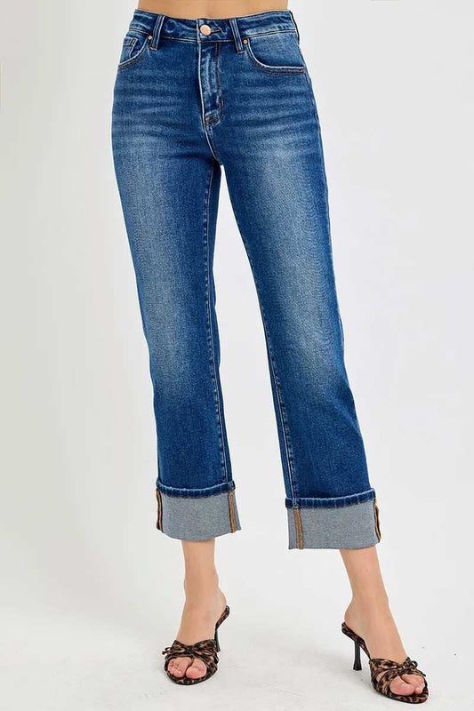 RISEN Full Size High Rise Ankle Straight Cuffed Jeans Plus Size - Trendsi - Flyclothing LLC
