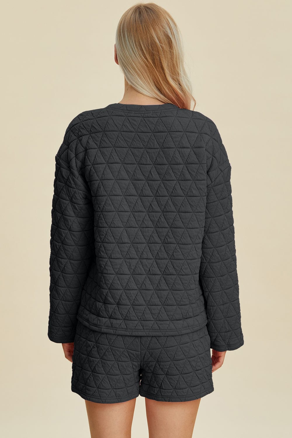 Double Take Full Size Texture Round Neck Long Sleeve Top and Shorts Set - Trendsi