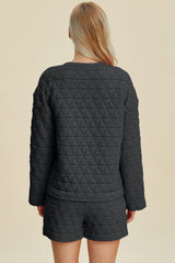 Double Take Full Size Texture Round Neck Long Sleeve Top and Shorts Set - Trendsi