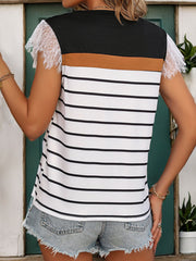 Lace Detail Striped Round Neck Cap Sleeve T-Shirt