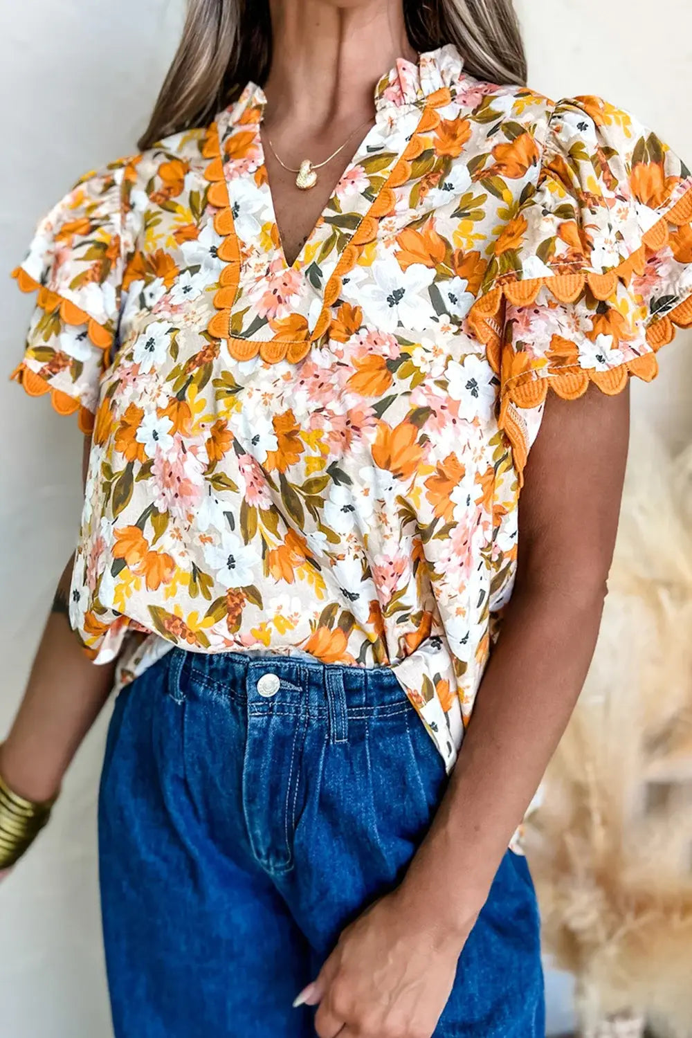 Ruffled Notched Short Sleeve Floral Blouse - Trendsi - Flyclothing LLC