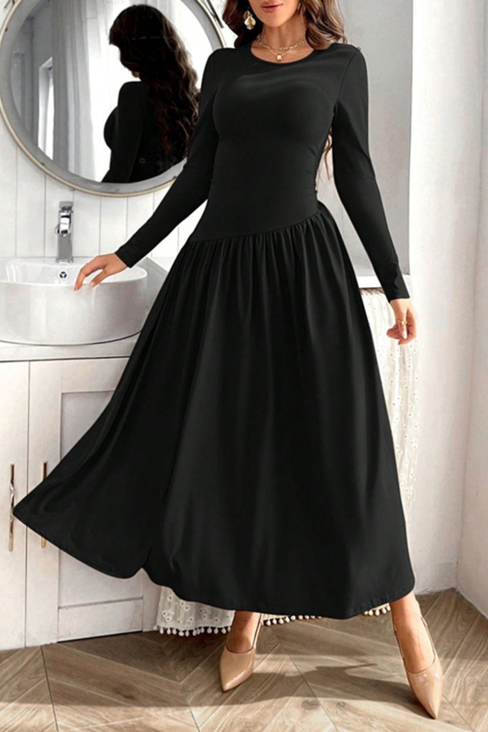 Ruched Round Neck Long Sleeve Dress - Trendsi