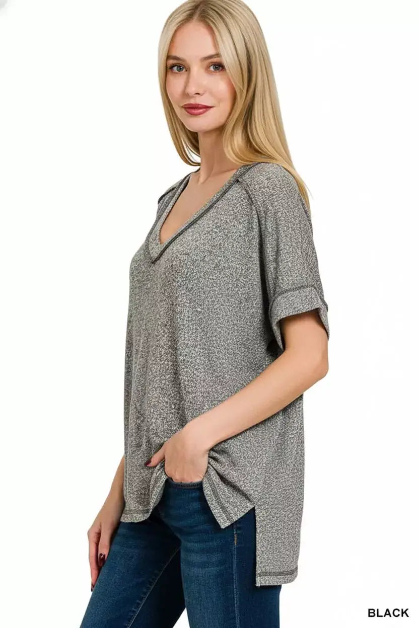 Zenana Full Size Soft Melange Hacci V-Neck Short Sleeve Hi-low Tee Plus Size - Trendsi - Flyclothing LLC