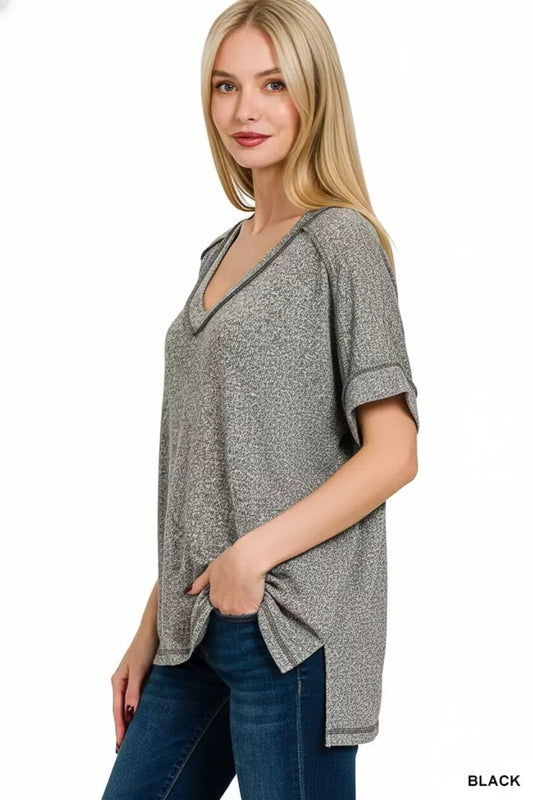 Zenana Full Size Soft Melange Hacci V-Neck Short Sleeve Hi-low Tee Plus Size - Trendsi - Flyclothing LLC