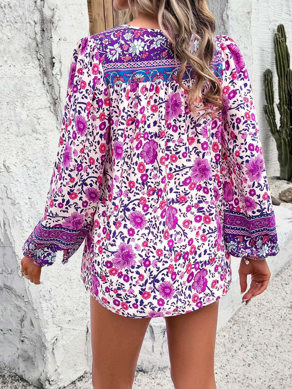 Printed Tie Neck Long Sleeve Blouse - Trendsi - Flyclothing LLC