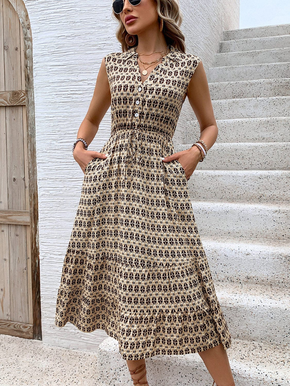 Printed Johnny Collar Midi Dress - Trendsi