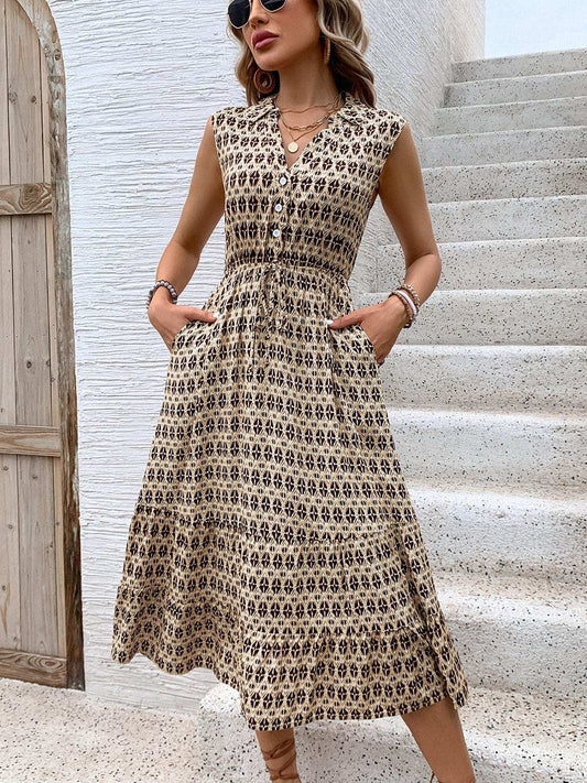 Printed Johnny Collar Midi Dress - Trendsi - Flyclothing LLC