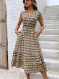 Printed Johnny Collar Midi Dress - Trendsi