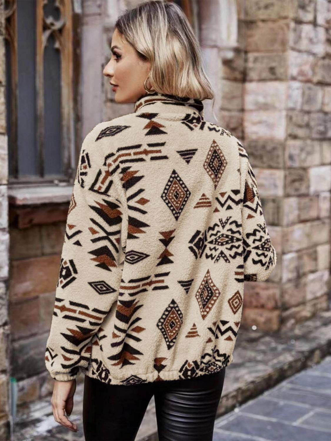Geometric Zip Up Long Sleeve Outerwear - Trendsi - Flyclothing LLC