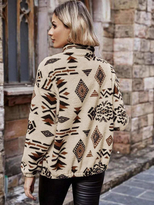 Geometric Zip Up Long Sleeve Outerwear - Trendsi - Flyclothing LLC