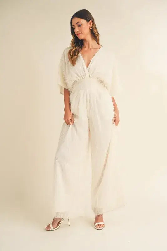 MABLE Fluffy Deep V Neck Wide Leg Jumpsuit - Trendsi - Flyclothing LLC