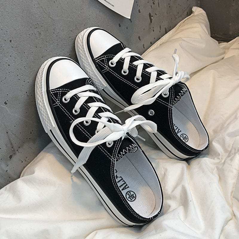 Round Toe Lace-Up Canvas Sneakers - Trendsi - Flyclothing LLC