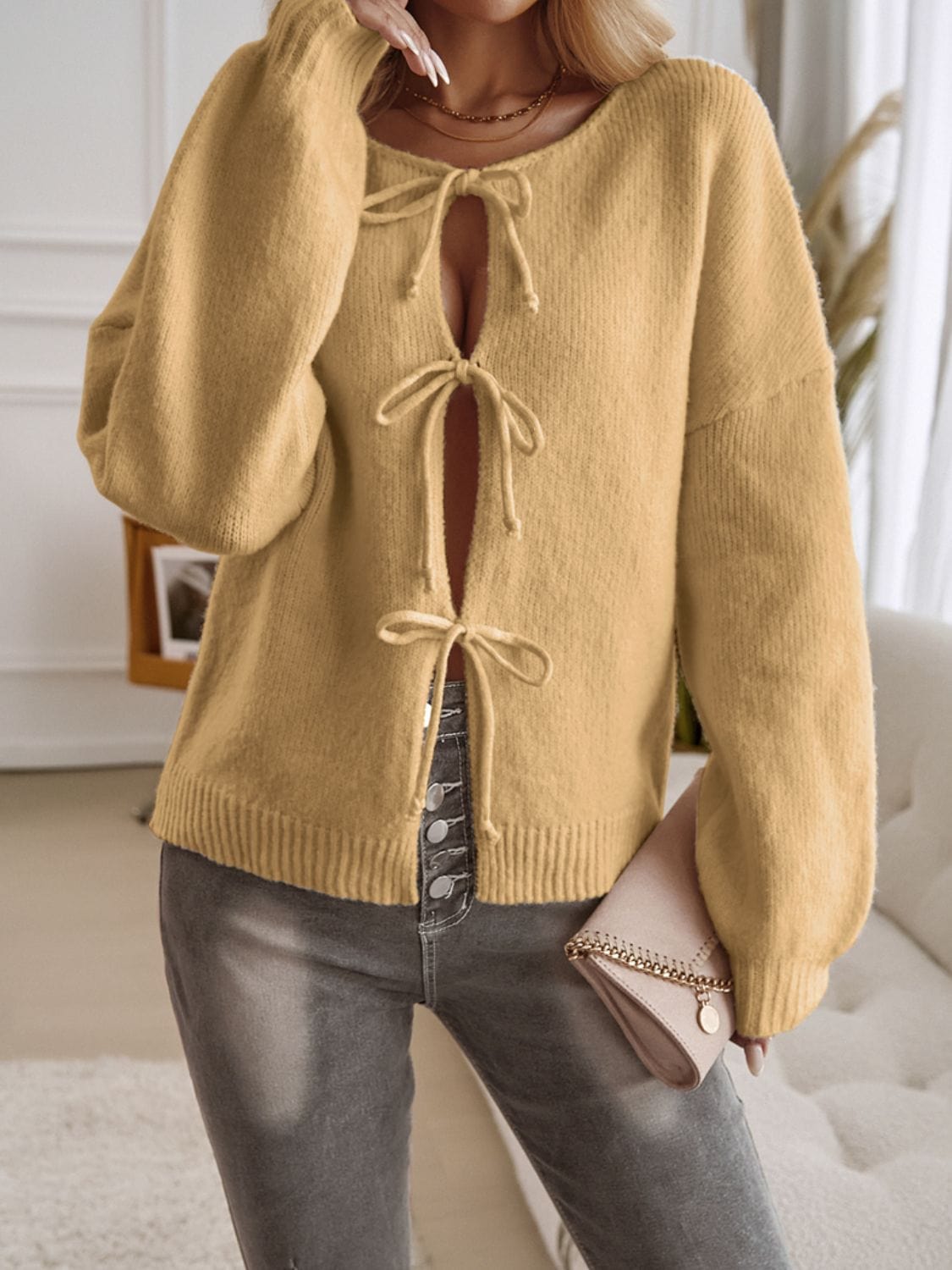 Devine Tied Round Neck Dropped Shoulder Cardigan - Trendsi
