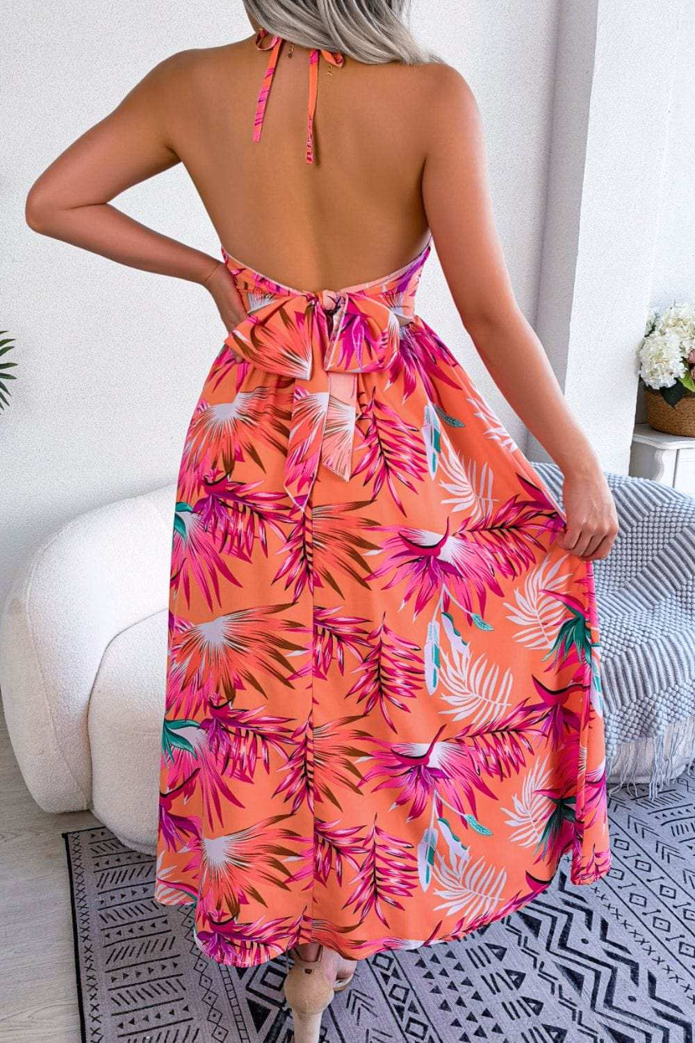 Botanical Print Tied Backless Cutout Slit Dress - Trendsi - Flyclothing LLC