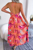 Botanical Print Tied Backless Cutout Slit Dress - Trendsi