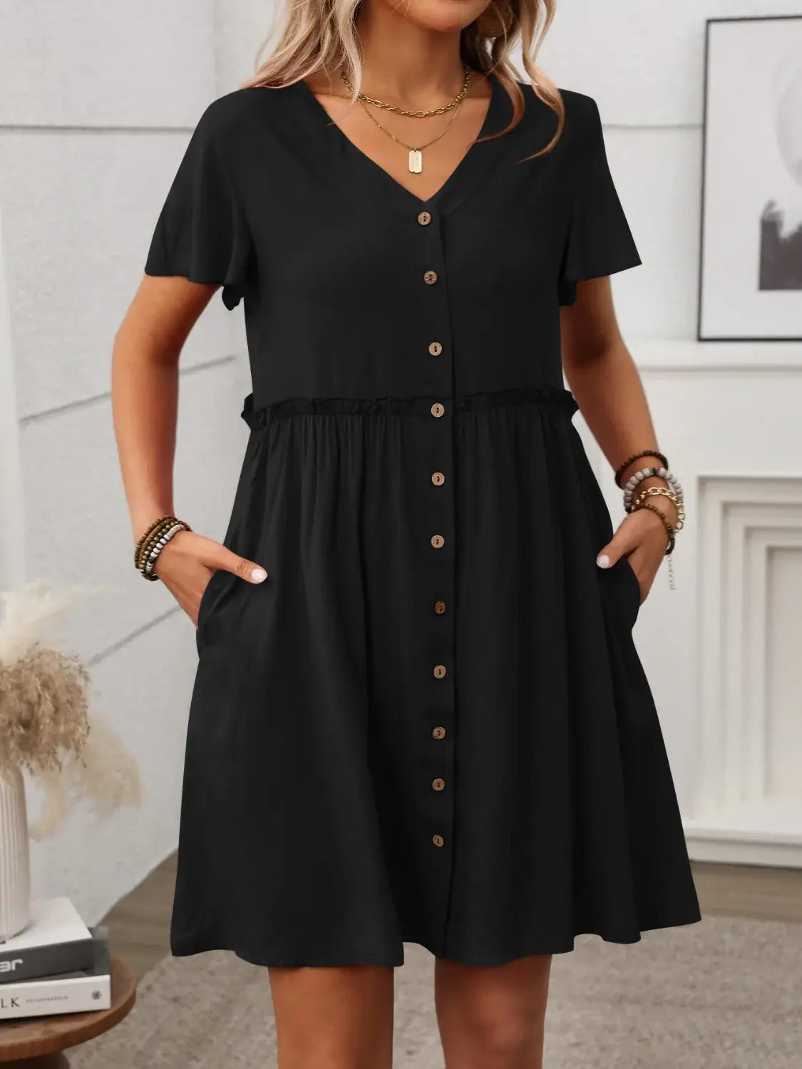 Button Front Flutter Sleeve Dress - Trendsi - Flyclothing LLC